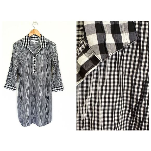 Foxcroft NYC Women’s Black and White Gingham Plaid Trim 1/4 Button Dress - Picture 1 of 9